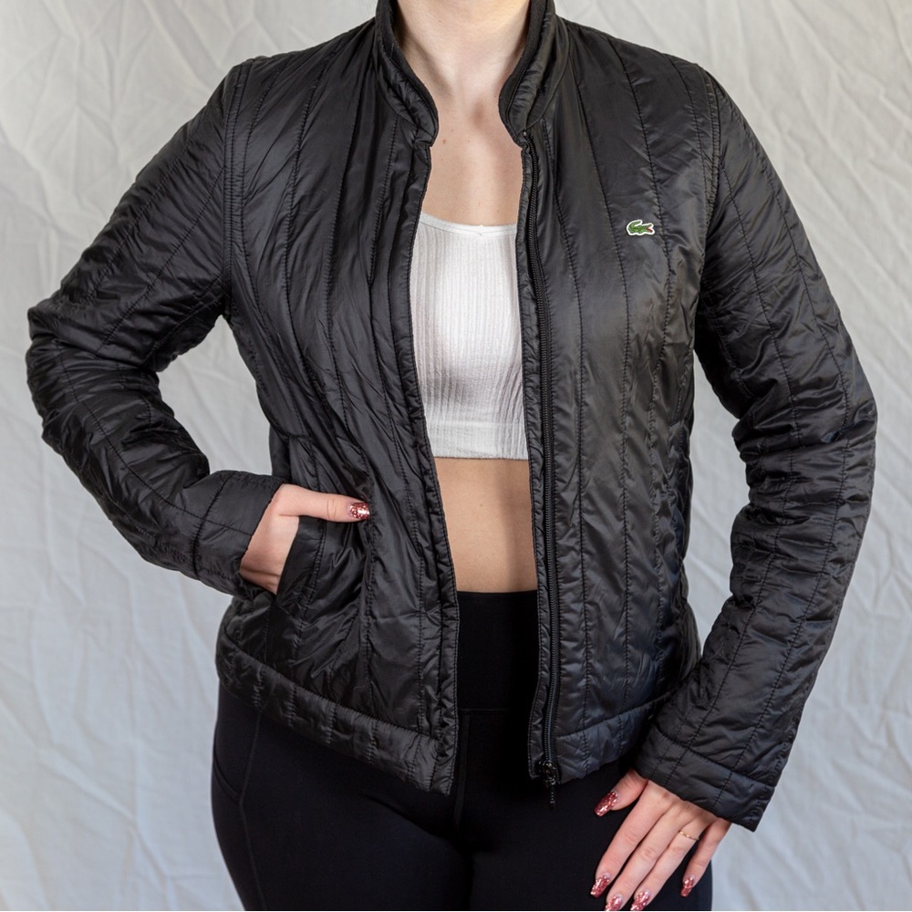 Lacoste Black Quilted Nylon Jacket Size 38; jersey lined in gray